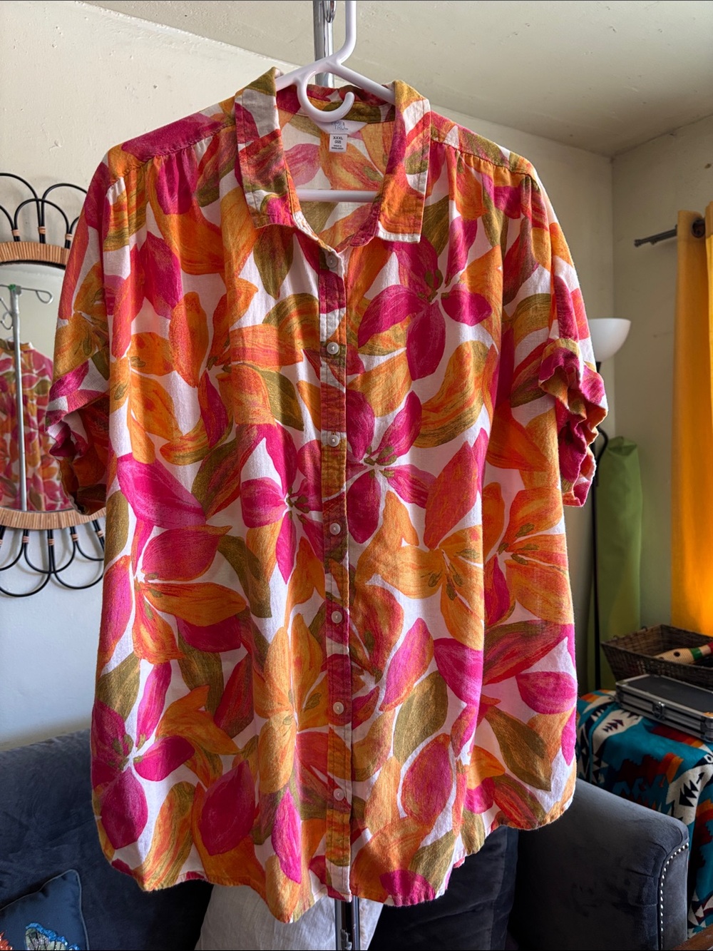 Leaf Floral Orange Green Linen Camp Shirt Plus Size XXXL (22)